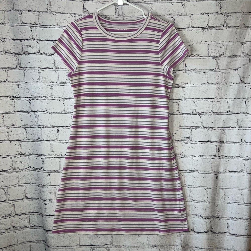 American Eagle Striped Purple Casual Mini T-Shirt Dress Size Large‎